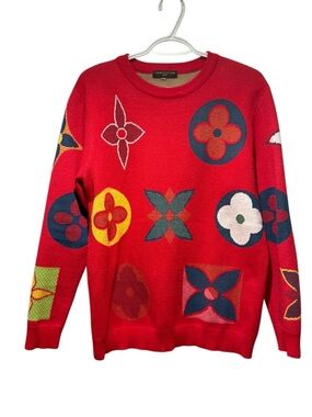 Louis Vuitton Red Crewneck Sweater with Multicolor Monogram Motifs